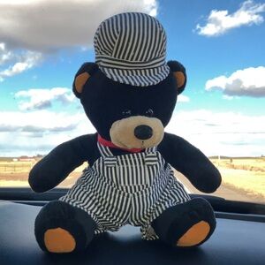 Engineer Train Conductor Black and Tan Bear Plush Toy Overalls Hat Bandana 10”